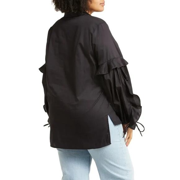 Harshman Vivona 2X Tunic Blouse Black Ruffle‎ Sleeve Cotton Top - Picture 2 of 8